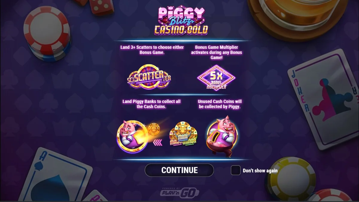 Tampilan visual mewah Piggy Blitz Casino Gold dengan elemen neon dan simbol kasino.