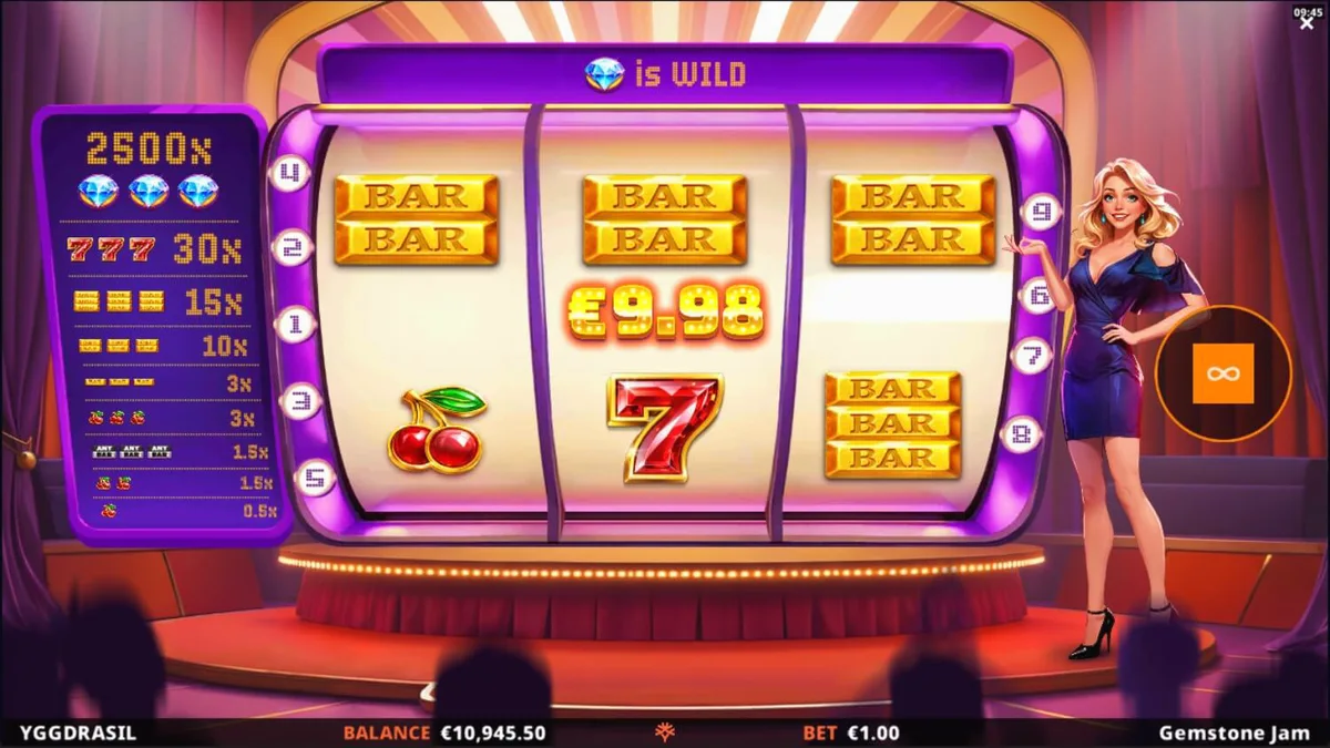 Tampilan visual slot Gemstone Jam dengan simbol permata dan desain panggung game show