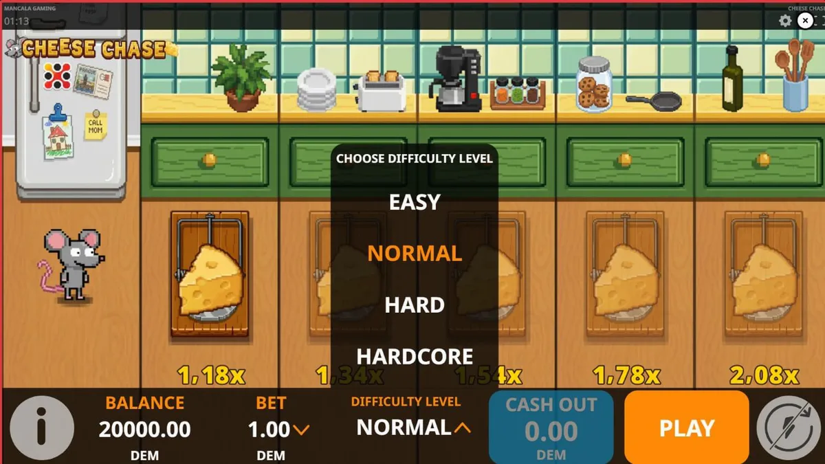 Tampilan visual retro 8-bit dari slot Cheese Chase dengan karakter tikus di dapur