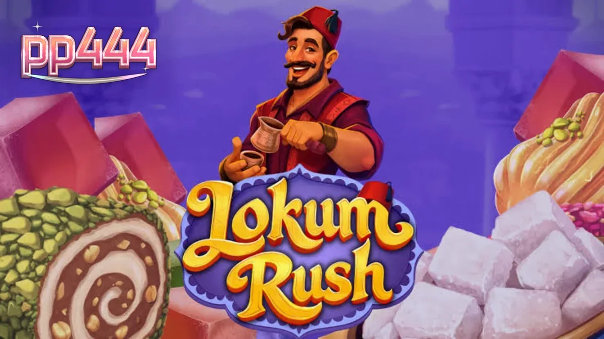 Tampilan visual slot Lokum Rush dengan tema manisan Turki yang penuh warna.